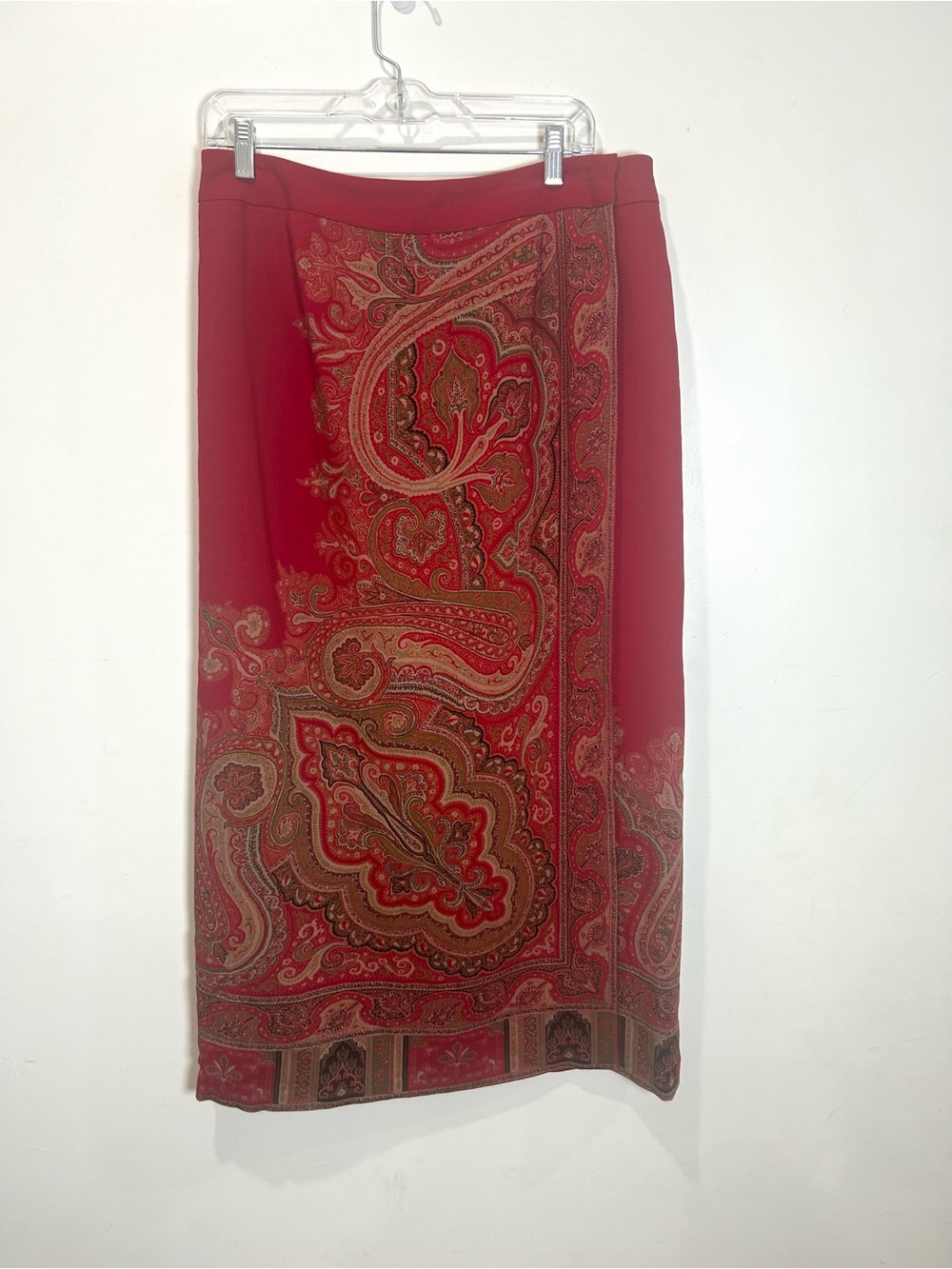 Vtg Talbots Wrap Skirt Womens 14 Midi Red Paisley 100% Wool Scarf Print Boho - Picture 3 of 14
